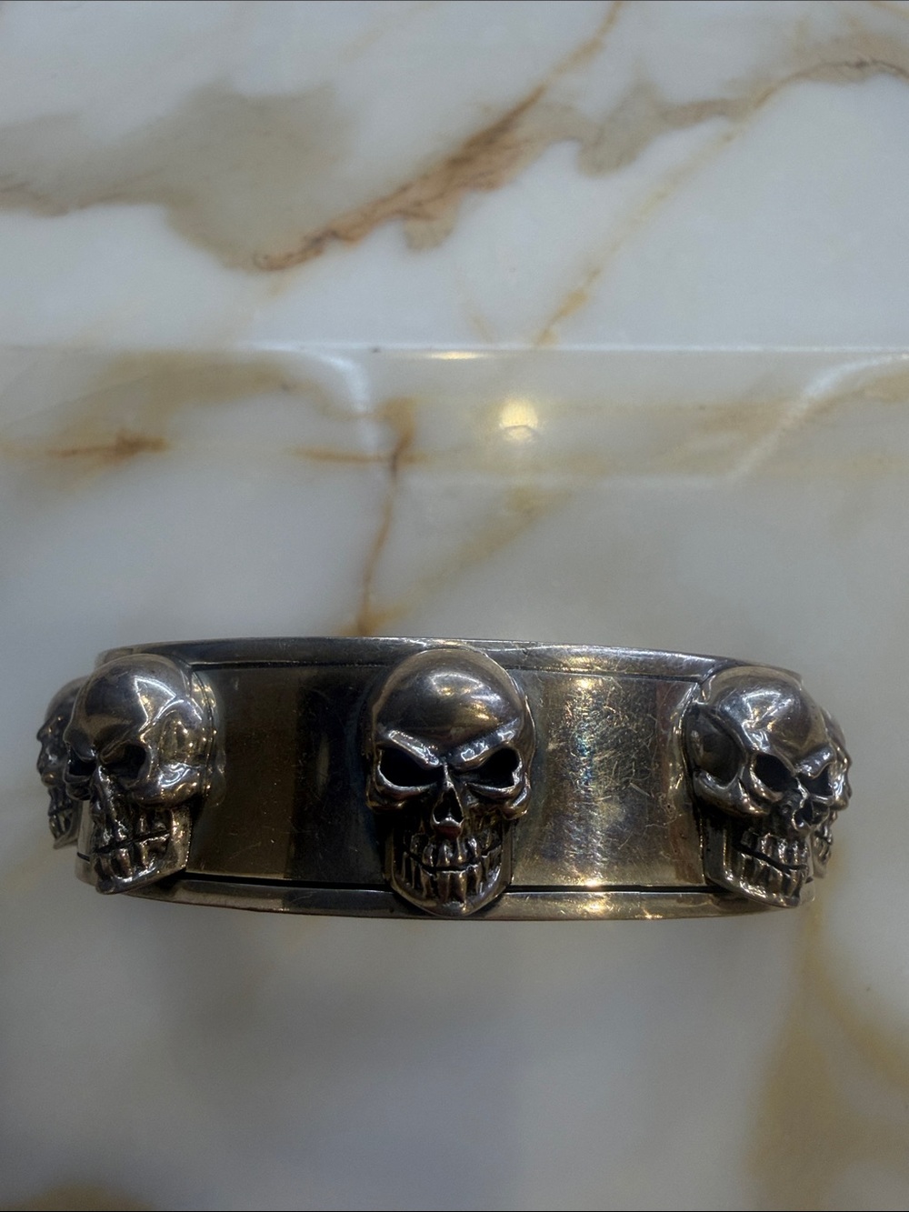 Men's Silver Skull Cuff Bracelet - Gothic Statement Bangle